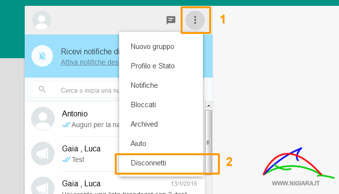 per scollegarsi da Whatsapp Web clicca su disconnettiti
