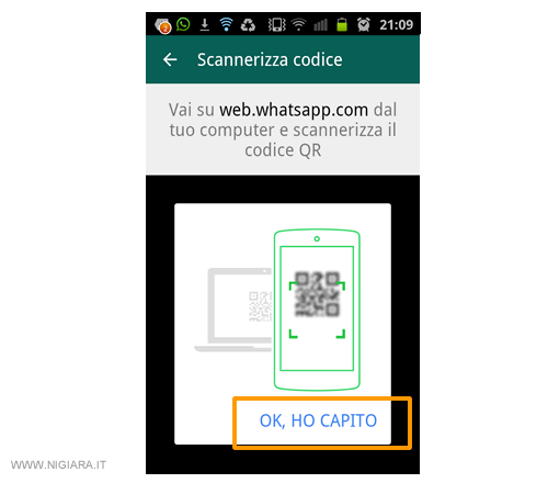 premi su OK ho capito per continuare la procedura di collegamento di Whatsapp tra lo smartphone e il PC